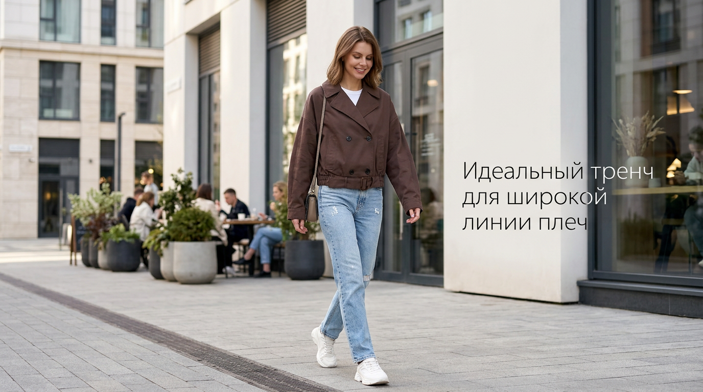 Укороченный тренч для фигуры с широкими плечами